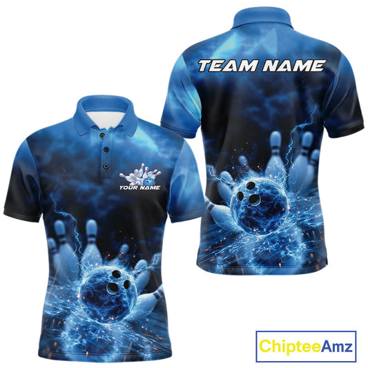 Custom Blue Thunder Lightning Bowling Team Men Polo Shirts, Bowling Jerseys IPHW9747
