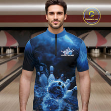 Load image into Gallery viewer, Custom Blue Thunder Lightning Bowling Team Men Quarter-Zip Shirts, Bowling Jerseys IPHW9747