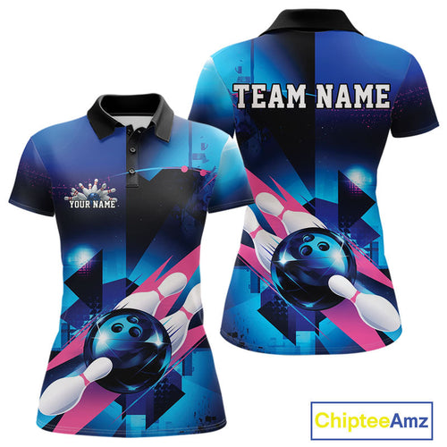 Custom Blue And Pink Futuristic Bowling Polo Team Shirts For Women, Bowling League Shirt IPHW9513