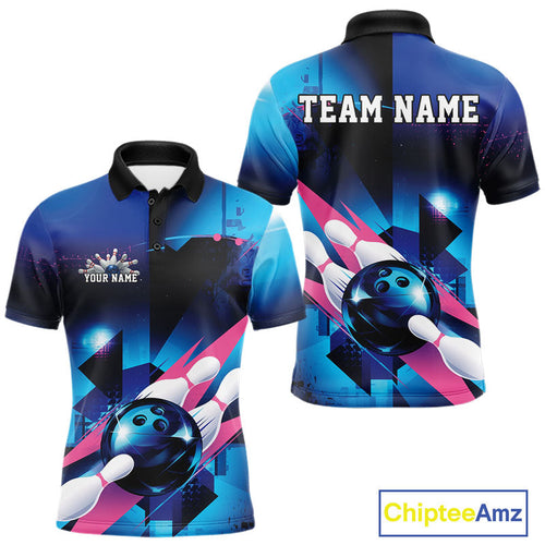 Custom Blue And Pink Futuristic Bowling Polo Team Shirts For Men, Bowling League Shirt IPHW9513