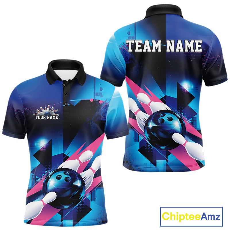 Custom Blue And Pink Futuristic Bowling Polo Team Shirts For Men, Bowling League Shirt IPHW9513