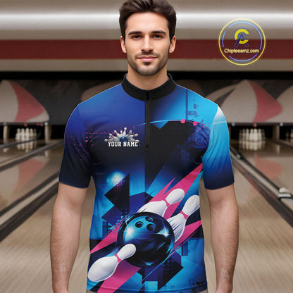 Custom Blue And Pink Futuristic Bowling Quarter-Zip Team Shirts For Men, Bowling League Shirt IPHW9513