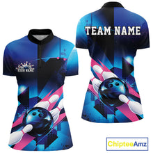 Load image into Gallery viewer, Custom Blue And Pink Futuristic Bowling Quarter-Zip Shirt For Women, Bowling League Shirt IPHW9513
