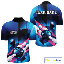 Load image into Gallery viewer, Custom Blue And Pink Futuristic Bowling Quarter-Zip Team Shirts For Men, Bowling League Shirt IPHW9513
