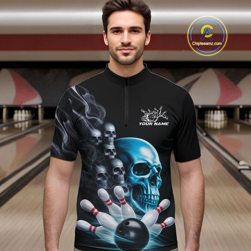 Custom Blue Glowing Ghostly Skull Bowling Quarter-Zip Shirts For Men, Halloween Bowlers Outfit IPHW9515