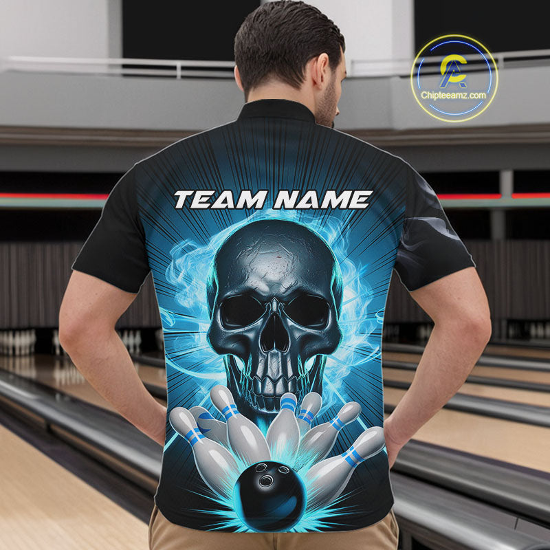 Custom Blue Glowing Ghostly Skull Bowling Quarter-Zip Shirts For Men, Halloween Bowlers Outfit IPHW9515