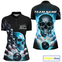 Load image into Gallery viewer, Custom Blue Glowing Ghostly Skull Bowling Women Quarter-Zip Shirt, Halloween Outfit IPHW9515