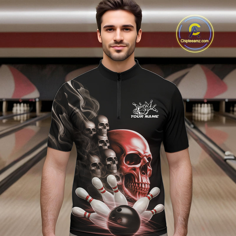 Custom Red Glowing Ghostly Skull Bowling Quarter-Zip Shirts For Men, Halloween Bowlers Outfit IPHW9516