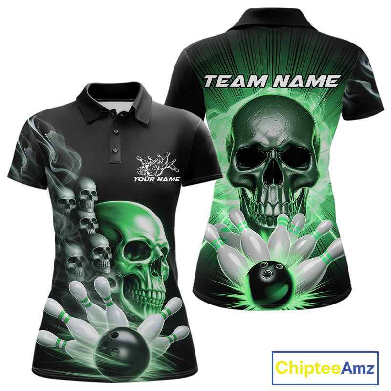Custom Green Glowing Ghostly Skull Bowling Women Polo Shirt, Halloween Bowlers Outfit IPHW9518