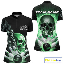 Load image into Gallery viewer, Custom Green Glowing Ghostly Skull Bowling Women Quarter-Zip Shirt, Halloween Outfit IPHW9518