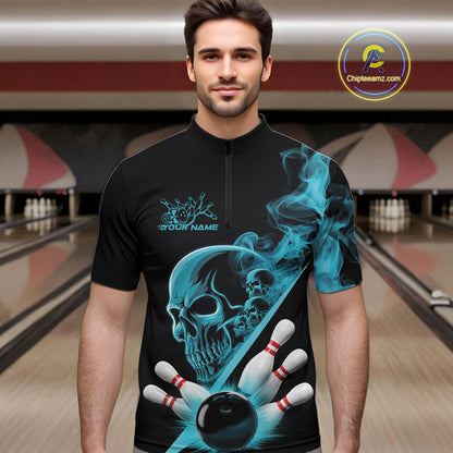 Custom Blue Smoke Skull Men Bowling Team Quarter-Zip Shirts, Hallowen Bowlers Jerseys IPHW9523