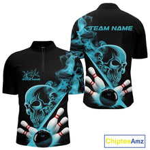 Load image into Gallery viewer, Custom Blue Smoke Skull Men Bowling Team Quarter-Zip Shirts, Hallowen Bowlers Jerseys IPHW9523