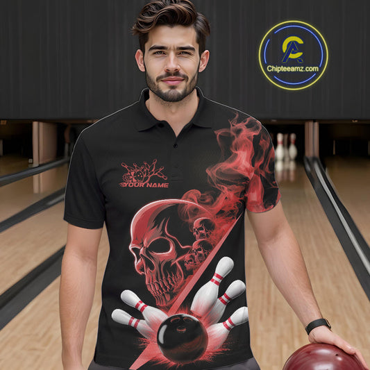 Custom Red Smoke Skull Men Bowling Team Polo Shirts, Hallowen Bowlers Jerseys IPHW9524