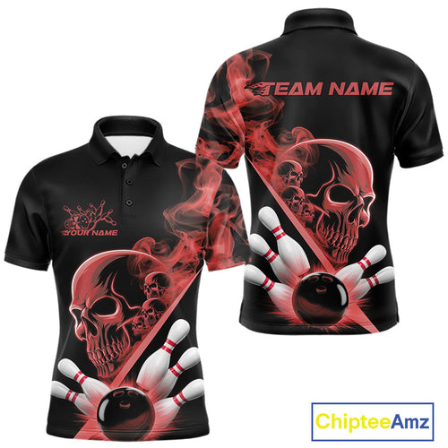 Custom Red Smoke Skull Men Bowling Team Polo Shirts, Hallowen Bowlers Jerseys IPHW9524