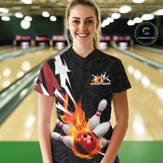 Custom Fiery Red Bowling Women Quarter-Zip Shirts, Inferno Flame Bowling League Shirt IPHW9526