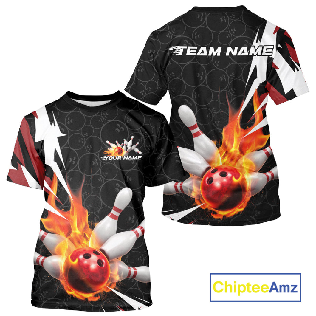 Custom Fiery Red Bowling Men T-Shirts Shirts, Inferno Flame Bowling Team League IPHW9526