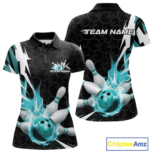 Custom Fiery Pine Green Bowling Women Polo Shirt, Inferno Flame Bowling Team League Shirt IPHW9528