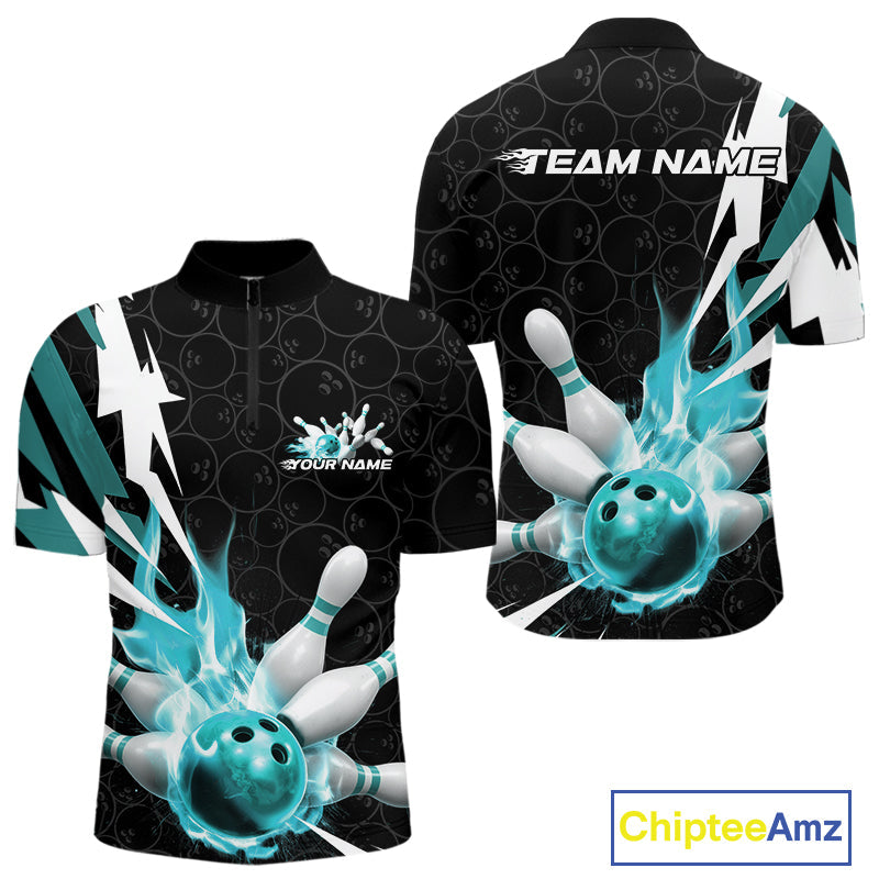 Custom Fiery Pine Green Bowling Men Quarter-Zip Shirts, Inferno Flame Bowling Team League Shirt IPHW9528
