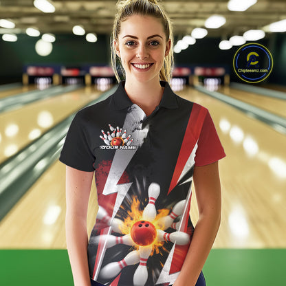Custom Fiery Red Bowling Women Polo Team Shirts, Fire Flame Bowling Jerseys Bowler Outfit IPHW9529