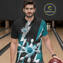 Load image into Gallery viewer, Custom Fiery Turquoise Blue Bowling Men Polo Team Shirts, Fire Flame Bowling Jerseys Bowler Outfit IPHW9531