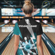 Load image into Gallery viewer, Custom Fiery Turquoise Blue Bowling Women Polo Team Shirt, Flame Bowling Jerseys Outfit IPHW9531