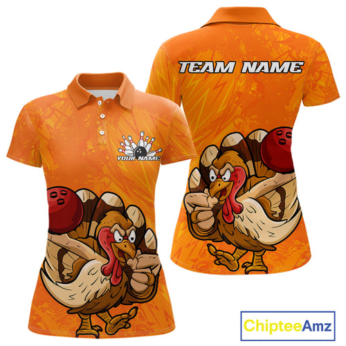 Custom Funny Thanksgiving Turkey Bowling Women Polo Shirts, Bowling League Shirt IPHW9770