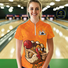 Load image into Gallery viewer, Custom Funny Thanksgiving Turkey Bowling Women Quarter-Zip Shirts, Bowling League Shirt IPHW9770