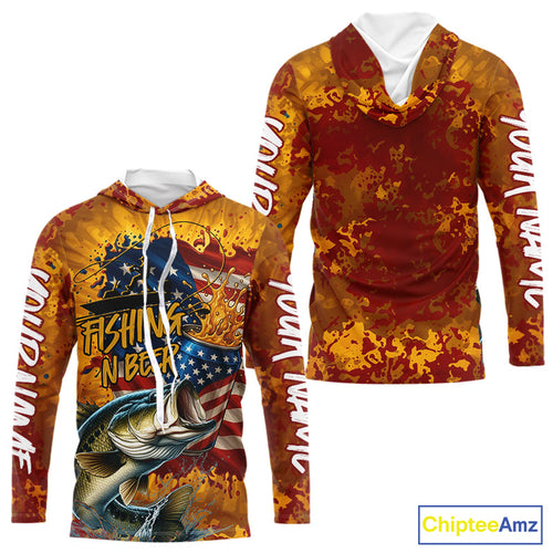 Custom US Flag Patriotic Largemouth Bass Fishing N Beer Long Sleeve Hooded Camo Fishing Shirts IPHW9191