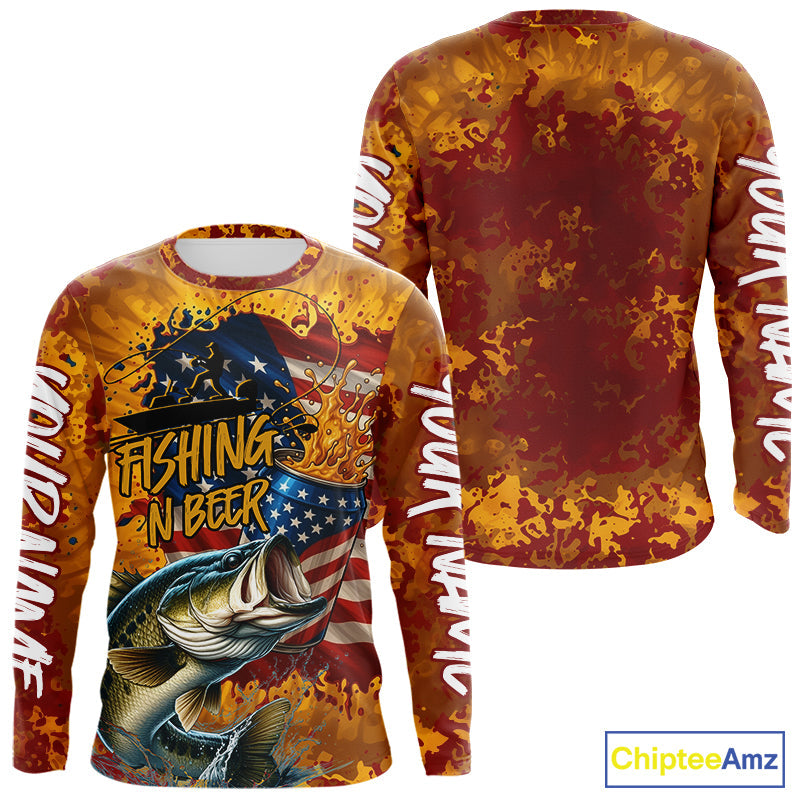 Custom US Flag Patriotic Largemouth Bass Fishing N Beer Long Sleeve Camo Fishing Shirts IPHW9191