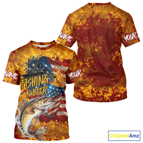 Custom US Flag Patriotic Walleye Fishing N Beer Camo Fishing T-Shirts IPHW9192