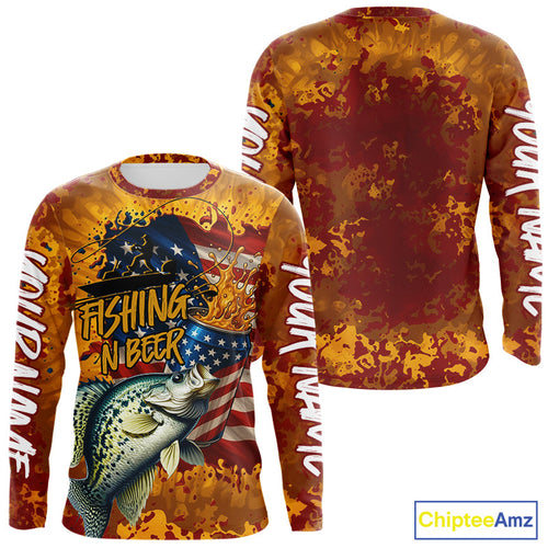 Custom US Flag Patriotic Crappie Fishing N Beer Long Sleeve Camo Fishing Shirts IPHW9193