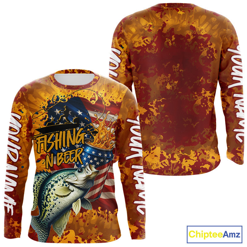 Custom US Flag Patriotic Crappie Fishing N Beer Long Sleeve Camo Fishing Shirts IPHW9193