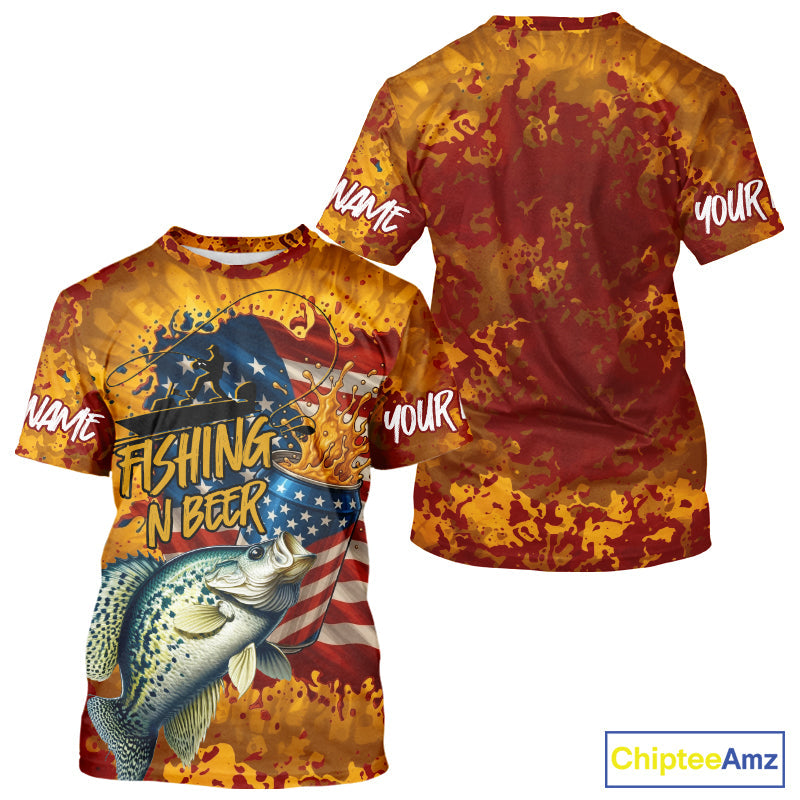Custom US Flag Patriotic Crappie Fishing N Beer Camo Fishing T-Shirts IPHW9193