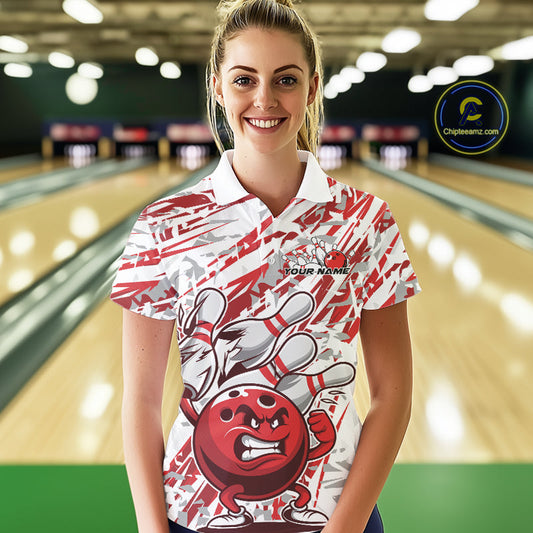 Red Camo Custom Funny Bowling Polo Shirts For Women, Bowling Team Tournament Shirt IPHW9397