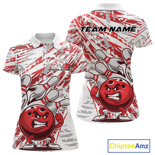 Red Camo Custom Funny Bowling Polo Shirts For Women, Bowling Team Tournament Shirt IPHW9397