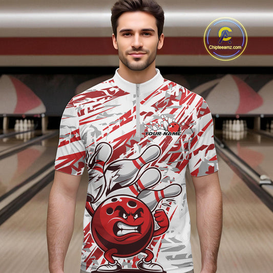 Red Camo Custom Funny Bowling Quarter-Zip Shirts For Men, Bowling Team Tournament Shirt IPHW9397