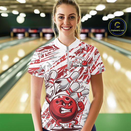 Red Camo Custom Funny Bowling Women Quarter-Zip Shirts, Bowling Team Tournament Shirt IPHW9397