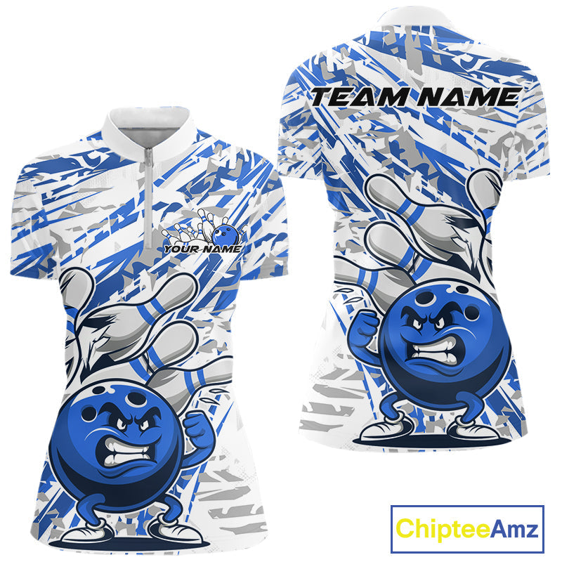 Blue Camo Custom Funny Bowling Women Quarter-Zip Shirts, Bowling Team Tournament Shirt IPHW9398