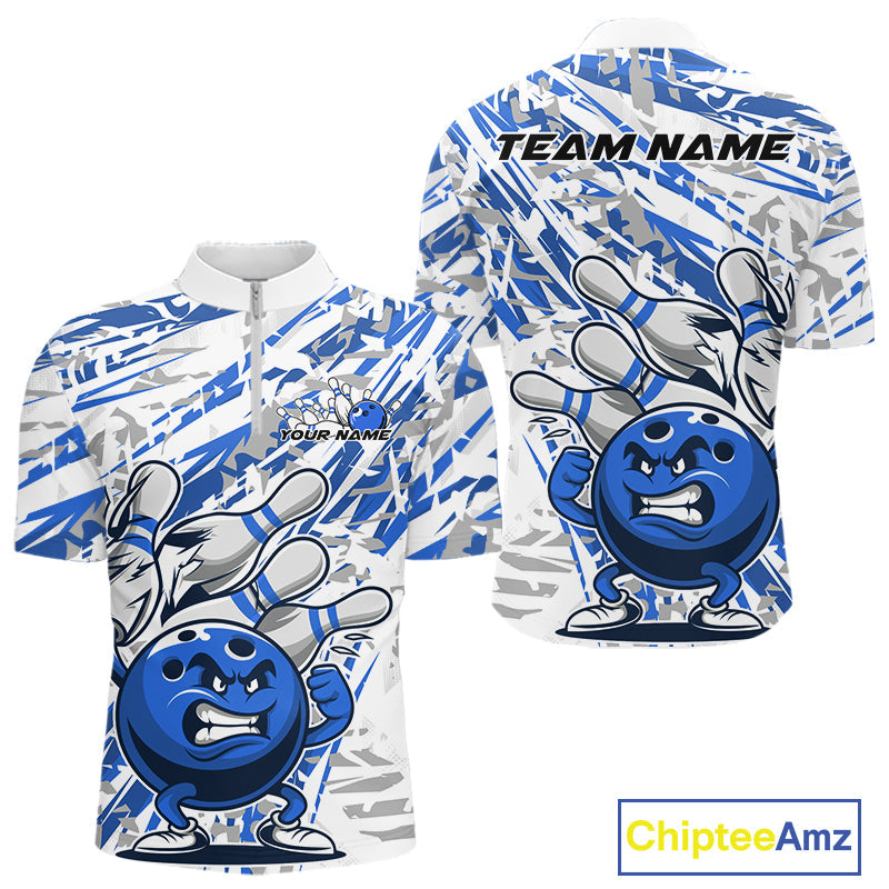 Blue Camo Custom Funny Bowling Quarter-Zip Shirts For Men, Bowling Team Tournament Shirt IPHW9398