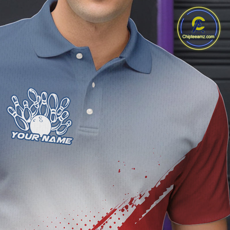 Custom Red, White And Blue Patriotic Bowling Polo Shirts For Men, Bowling League Shirt IPHW9544