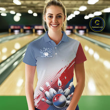 Load image into Gallery viewer, Custom Red, White And Blue Patriotic Bowling Polo Shirts For Women, Bowling League Shirt IPHW9544