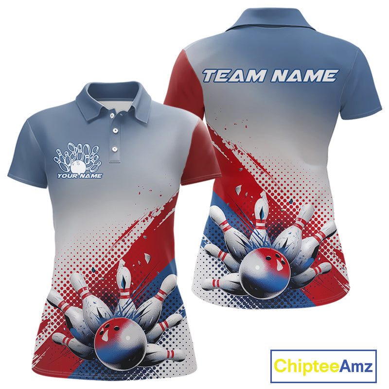 Custom Red, White And Blue Patriotic Bowling Polo Shirts For Women, Bowling League Shirt IPHW9544