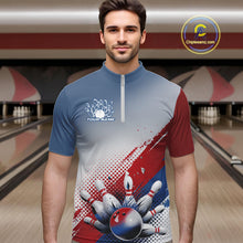 Load image into Gallery viewer, Custom Red, White And Blue Patriotic Bowling Quarter-Zip Shirts For Men, Bowling League Shirt IPHW9544