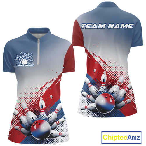 Custom Red, White And Blue Patriotic Women Quarter-Zip Bowling League Shirt IPHW9544