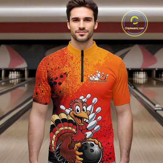 Custom Funny Orange Turkey Bowling Team Men Quarter-Zip Shirts, Thanksgiving Bowling Outfit IPHW9785