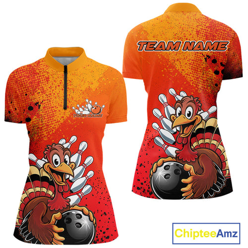Custom Funny Orange Turkey Bowling Women Quarter-Zip Shirts, Thanksgiving Bowling Outfit IPHW9785