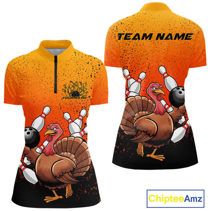 Custom Funny Turkey Bowling Thanksgiving Bowing Outfit Team Quarter-Zip Shirts For Women IPHW9787