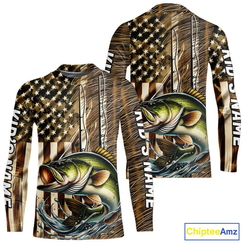 Custom Patriotic Camouflage American Flag Rod Largemouth Bass Kid Long Sleeve Fishing Shirts IPHW9218