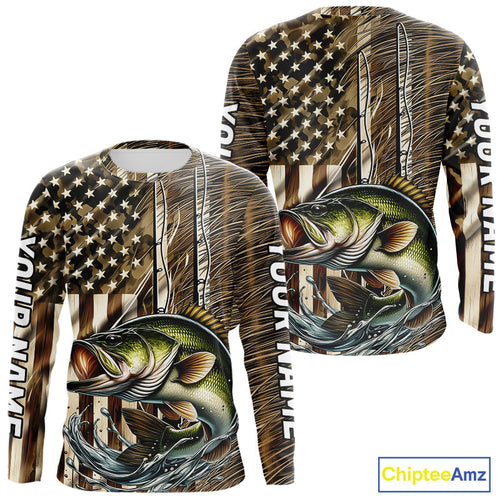 Custom Patriotic Camouflage American Flag Fishing Rod Largemouth Bass Long Sleeve Fishing Shirts IPHW9218