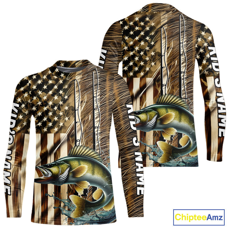 Custom Patriotic Camouflage American Flag Fishing Rod Walleye Kid Long Sleeve Fishing Shirts IPHW9219